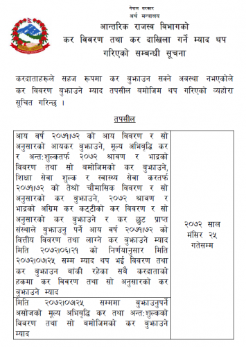 Extention to file Tax Returns till Mangshir 25